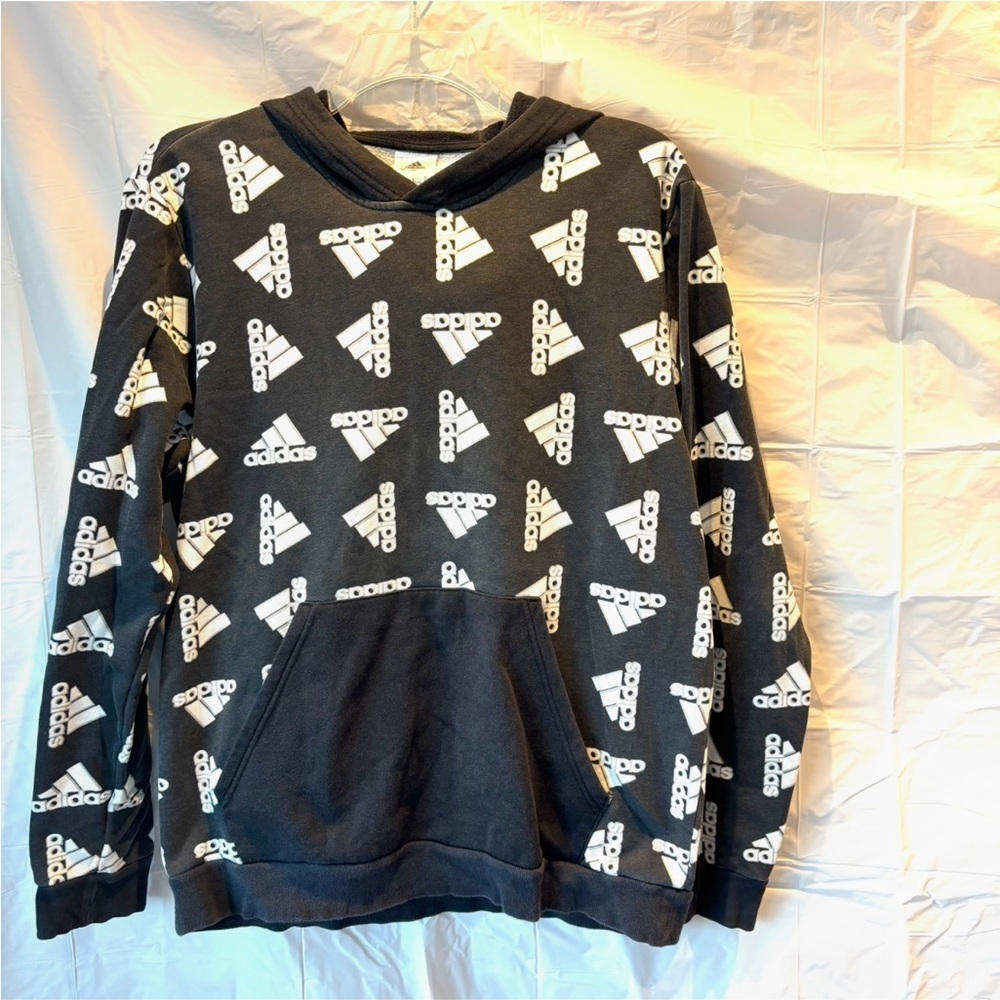 NWOT Adidas Logo all over fleece hoodie black white SZ L